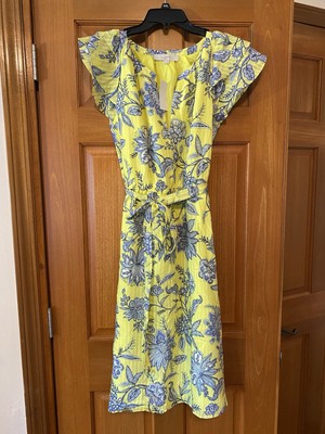 Loft Ann Taylor Trellis Garden Yellow Blue Floral Ruffle Small Midi Dress NEW