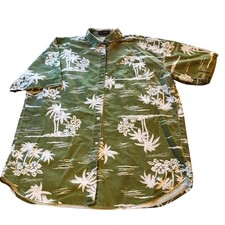 Vintage Mens Hawaiian Shirt Olive Green Palm Tree Beach Resort Floral Button LG
