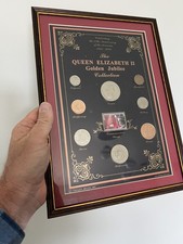 2002 Queen Elizabeth II Golden Jubilee  Collection Coins & Stamp in Wooden Frame