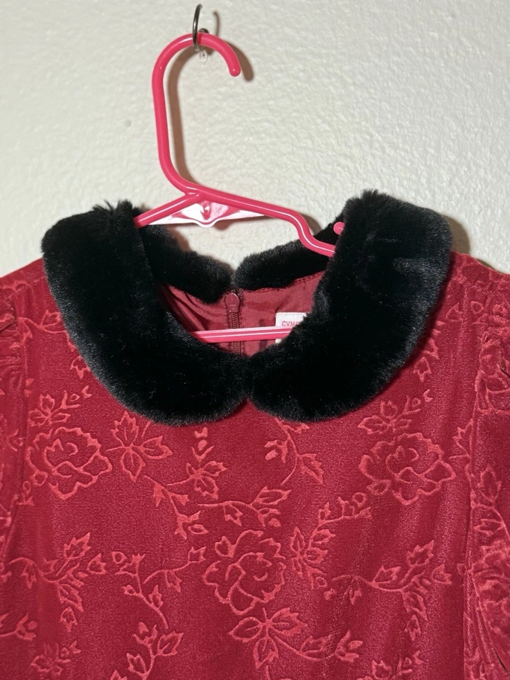 Gymboree Girls Red Crushed Velvet Dress with Faux-Fur Peter Pan Collar 3XL  8yrs - Image 2 of 4