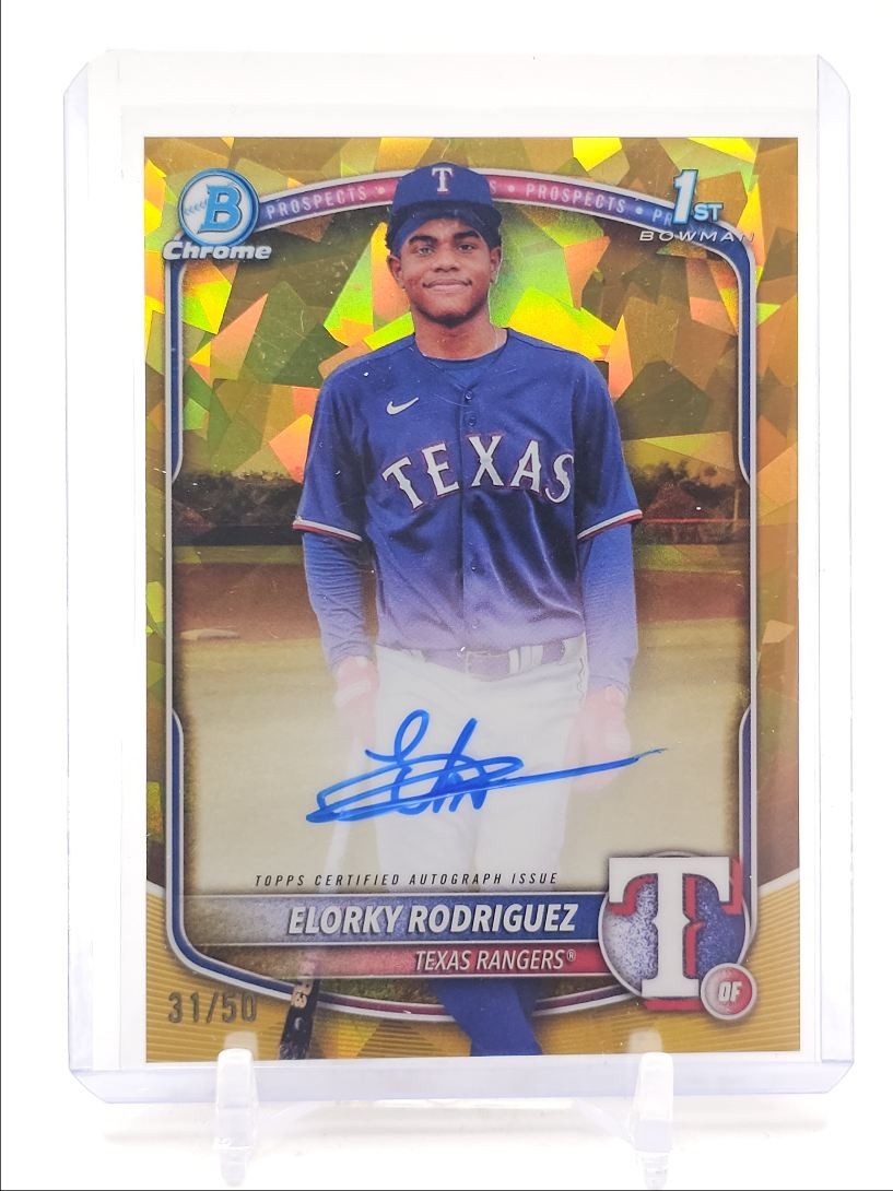 ELORKY RODRIGUEZ 2025 BOWMAN CHROME 1ST SAPPHIRE GOLD RANGERS AUTO /50 Q2754