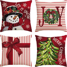 Christmas Joy Stripes Red Throw Pillow Covers, 18x18 Inch, Set of 4