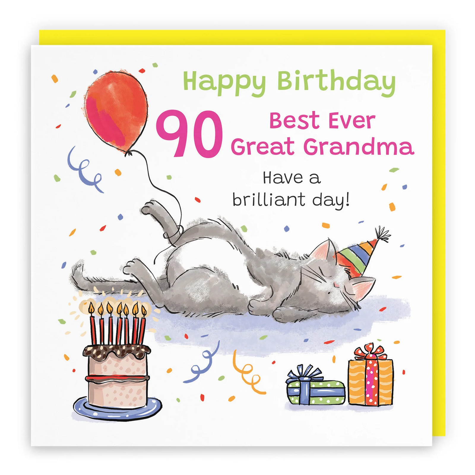 90th Great Grandma Birthday Card Sleepy Cat Animal Party