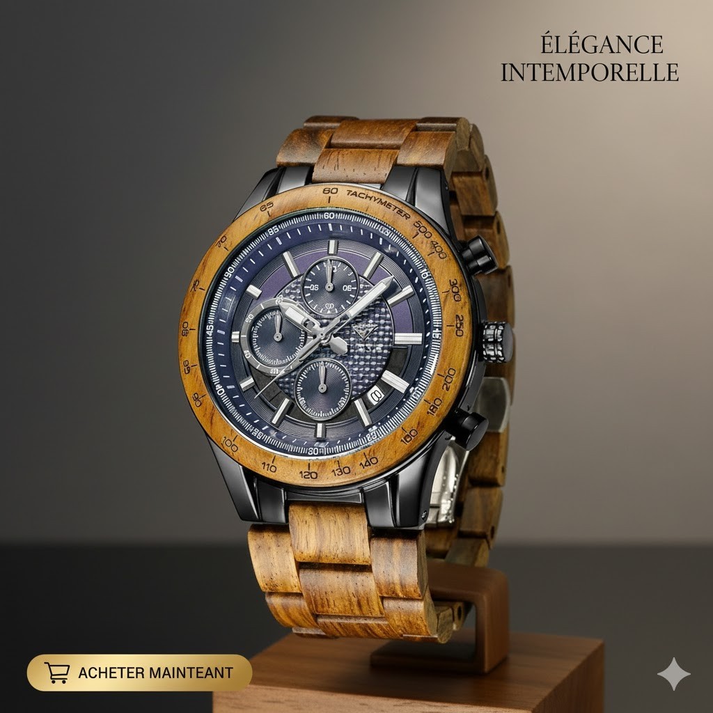 Montre en bois homme chronographe luxe en santal naturel