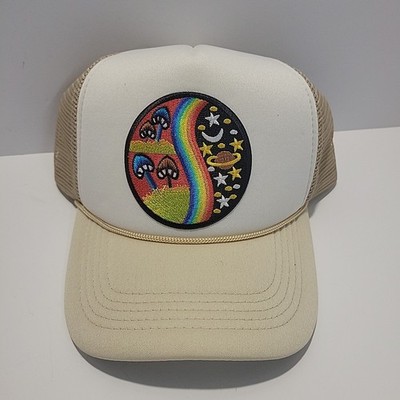 Magic Mushrooms Rainbow Stars Trucker Hat Cap Adjustable Snap Back Tan White