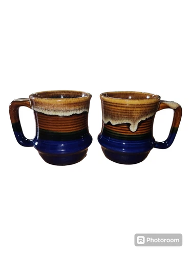 2 VTG Coffee Tea Mugs Cups D Handle Pottery BLUE Brown Drip Glaze Retro MCM