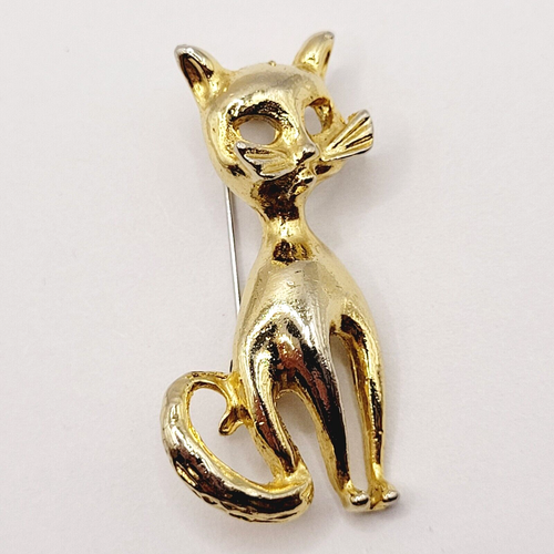 Retro Kitty Cat Kitten MCM Gold Tone Feline Open Metal Eye Curve Tail Brooch Pin - Picture 12 of 14