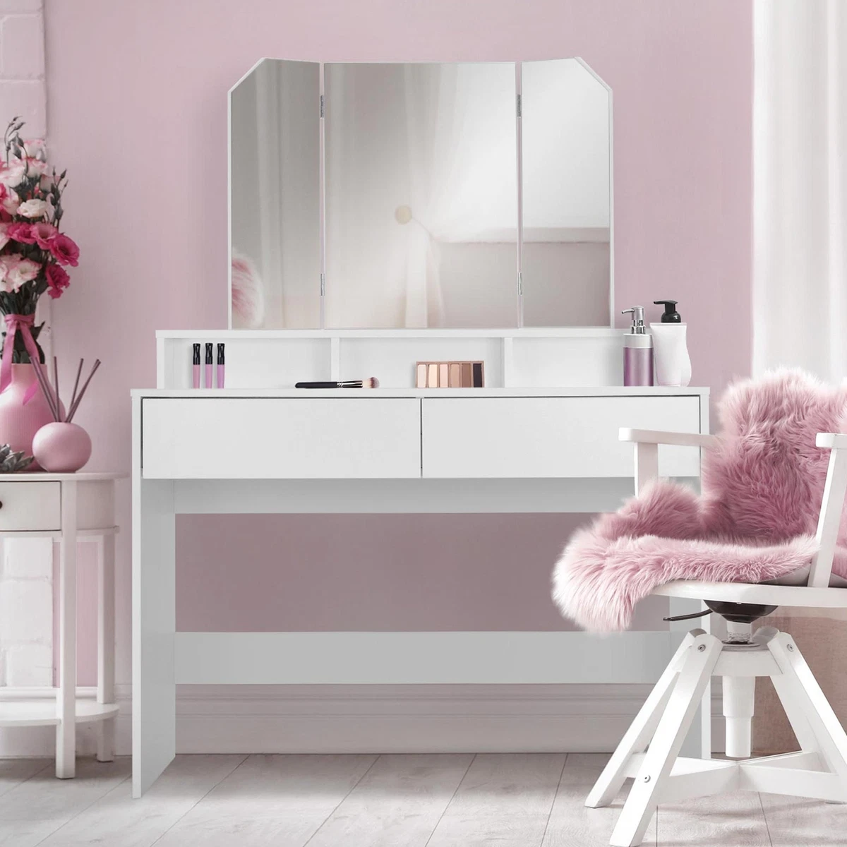 Coiffeuse blanche avec miroir triple et tiroir en bois - Alpha 55