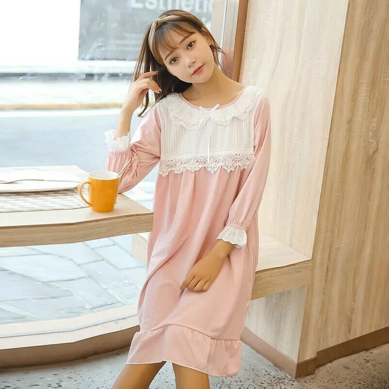 Women Cotton Pajamas Nightgown Princess Lolita Dress Lace Sleepwear Cute