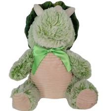 Dandee Plush Triceratops Green Dinosaur Ribbed Ivory Belly Ribbon Soft 16"