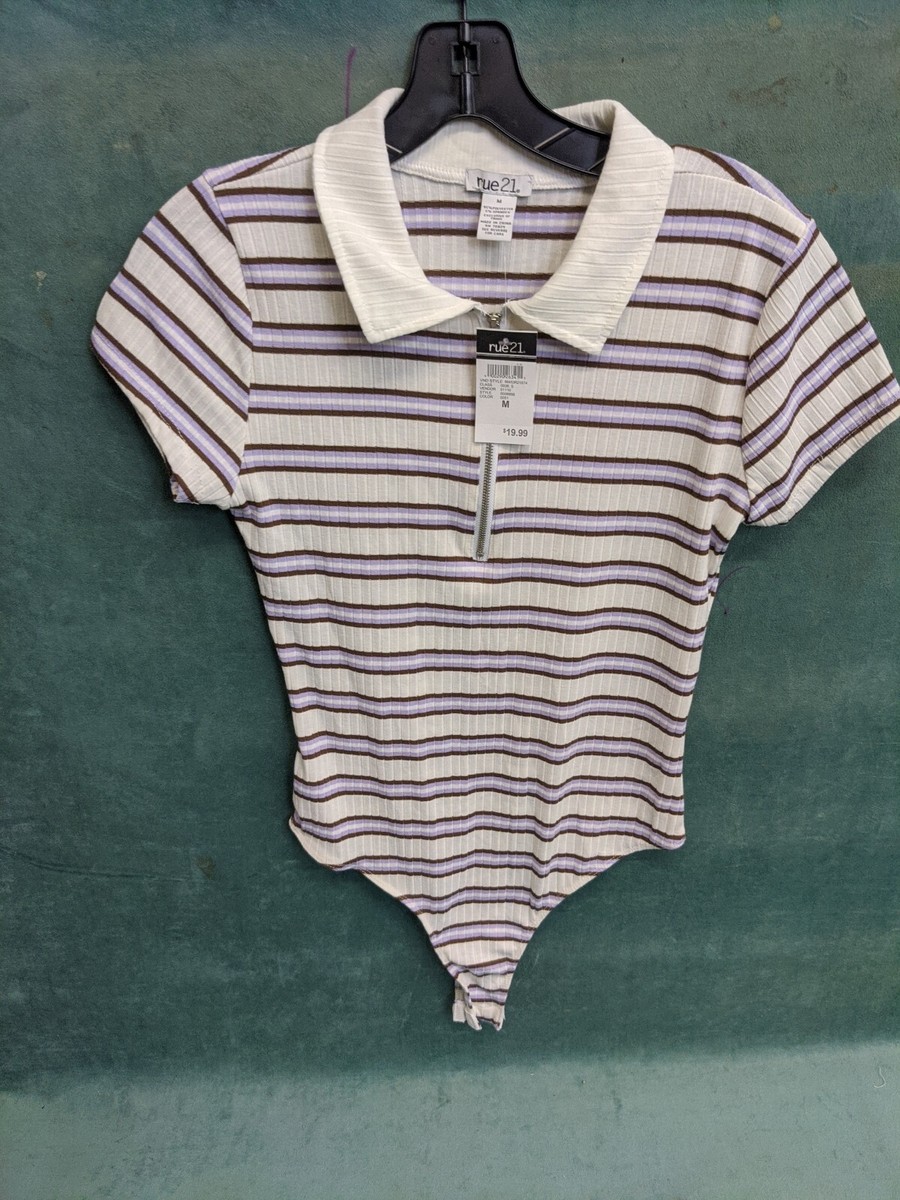 woman's white purple brown Rue 21 bodysuit half zipper collared