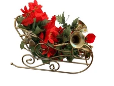 Vintage brass Tone candle sleigh Christmas centerpiece Poinsettia Flower 14”