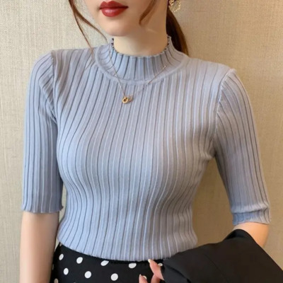 Halbärmel Mock Neck Pullover Pullover Top Freizeit Mode Kleidung für Frauen- DE