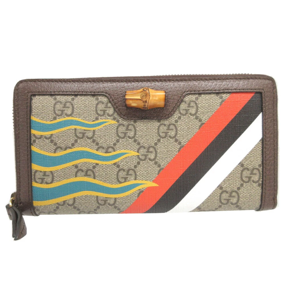 Gucci Diana 658634 Bambou Gg Supreme Cuir Beige Marron Fermeture Éclair Ronde Long Portefeuille