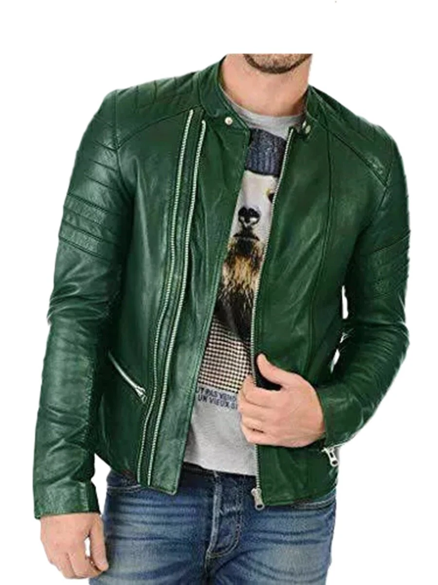 Men's Green Leather Jacket 100% Real Leather Genuine Lambskin Biker Jacket Coat