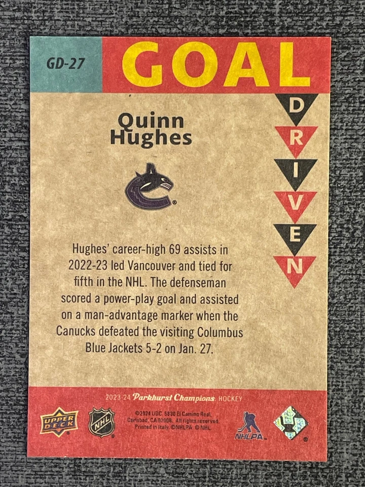 Quinn Hughes 2023-24 Upper Deck Parkhurst Champions Hockey Goal Driven #GD-27 - Image 2 of 2