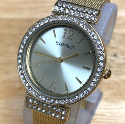 Unused Ellen Tracy Lady Gold Tone Rhinestone Mesh Analog Quartz Watch~New Batter