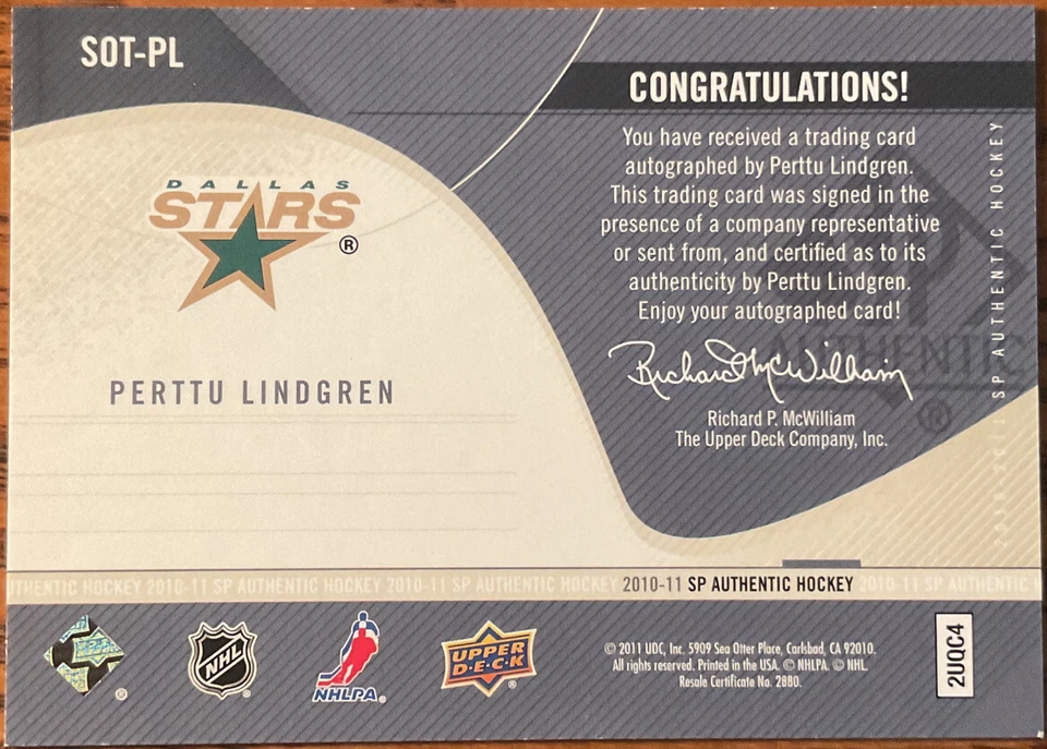 2010-11 SP Authentic Sign Of The Times Perttu Lindgren #SOT-PL Dallas Stars - Image 2 of 2