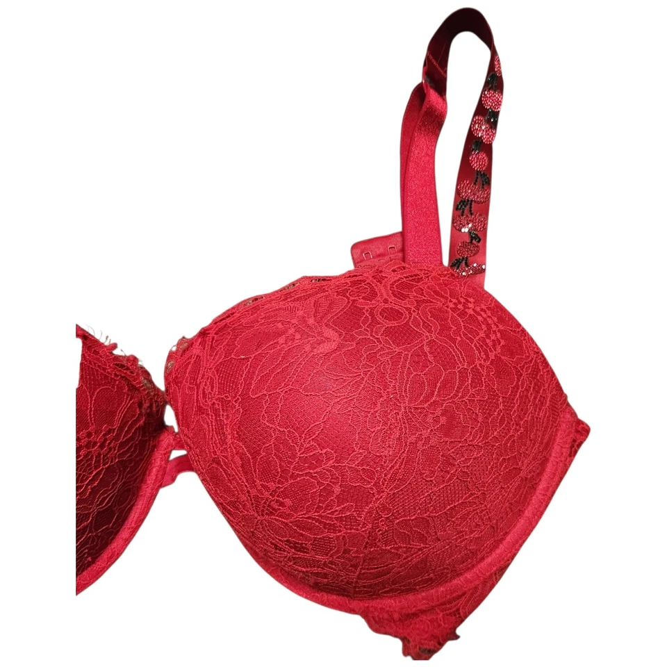 VS Lot 2 36DDD Push Up Bra Shine Strap Cherry Red & Blue Lace Strappy - Image 2 of 4