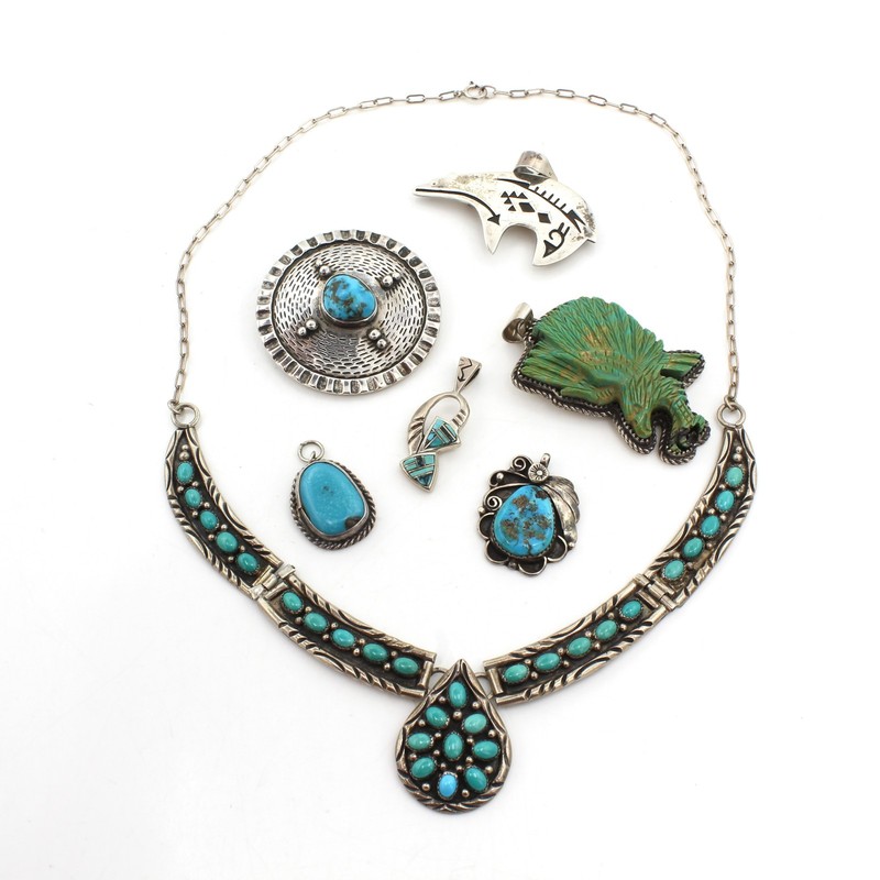 Southwest Sterling Turquoise Hand Stamp Necklace and Pendants Lot of 7 #S5593-3