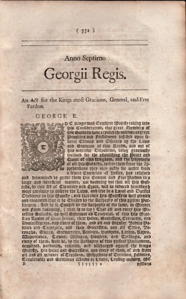 1720 King George II Act for his Gracious General & Free Pardon except Jacobites - Image 3 of 3