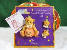 Cherished Teddies Halloween Pumpkin Lapel Pin And Earring Set Brand New