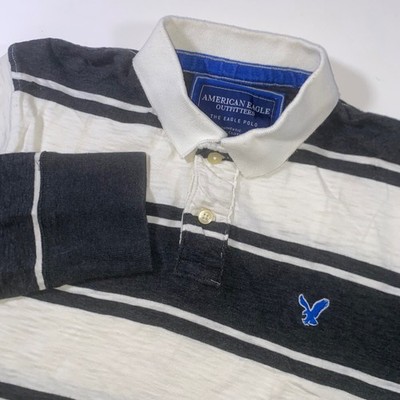 American Eagle Outfitters Mens Navy White Striped Long Sleeve Eagle Polo Shirt L