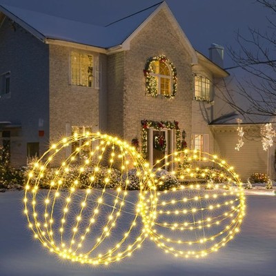  2 Pack Christmas Big Ball Lights, 20IN & 18IN Foldable Metal Sphere Lights 