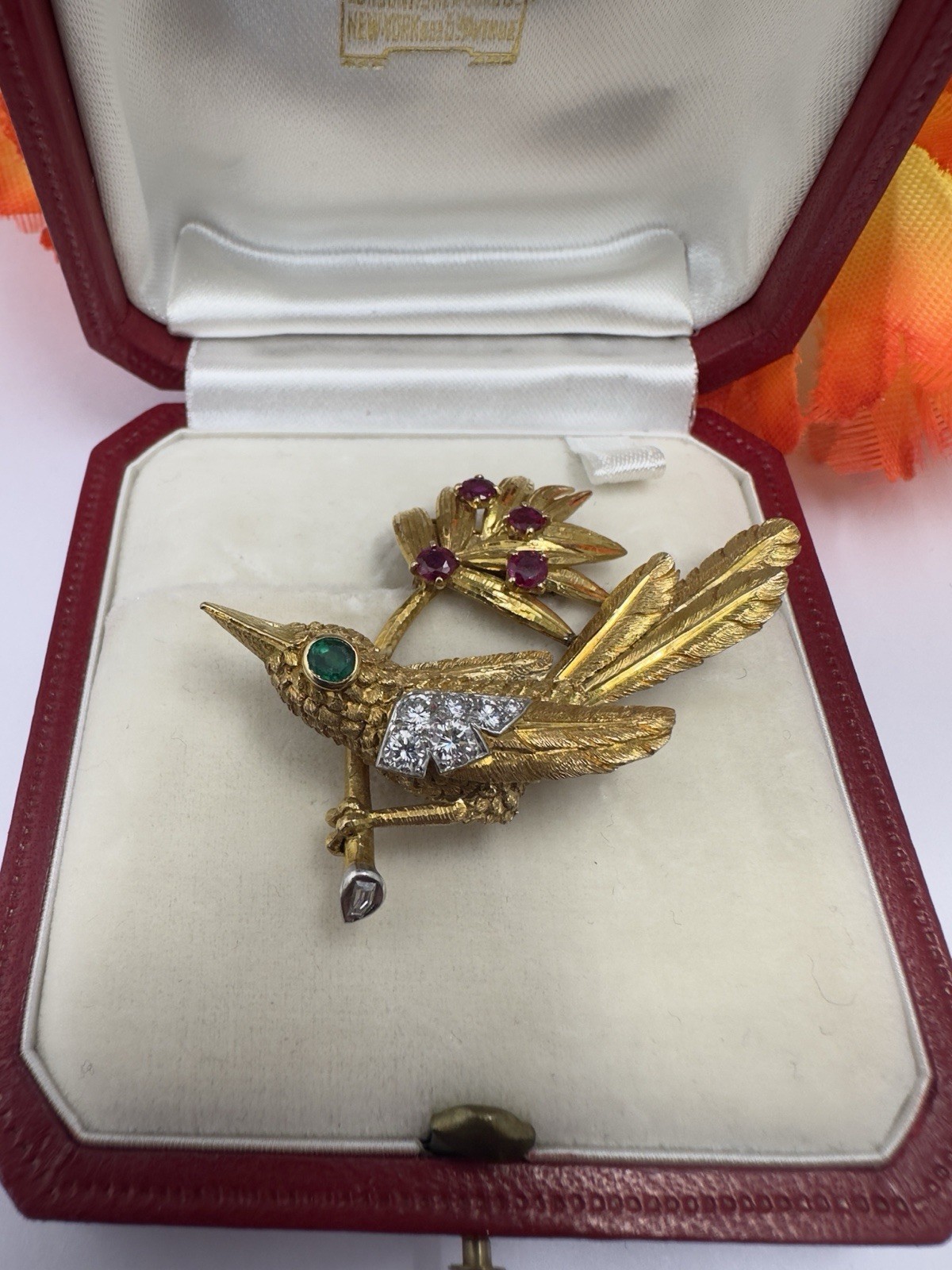 Cartier 18ct Bird Brooch. Diamond, Ruby & Emerald Bird Brooch