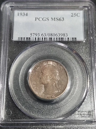 1934 Silver Unc Washington Quarter PCGS MS63 - Medium Motto Toned Free Shipping