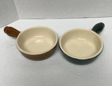 2 Emile Henry William Sonoma Green & Brown Stoneware Handled Pot France  29-60