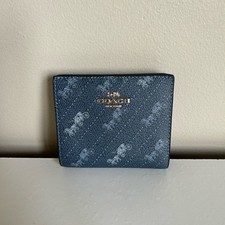 Coach Horse and Carriage Dot Print Small Snap Wallet Denim Blue Gold Hardware