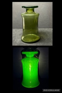 Vtg MCM Avocado Green Candleholder Dansk Designs France Uranium Glass 6.5" GLOWS
