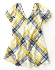 Urban Outfitters Peppa Plaid Mini Dress XS Yellow/Blue/White V-Neck Puff Sleeve