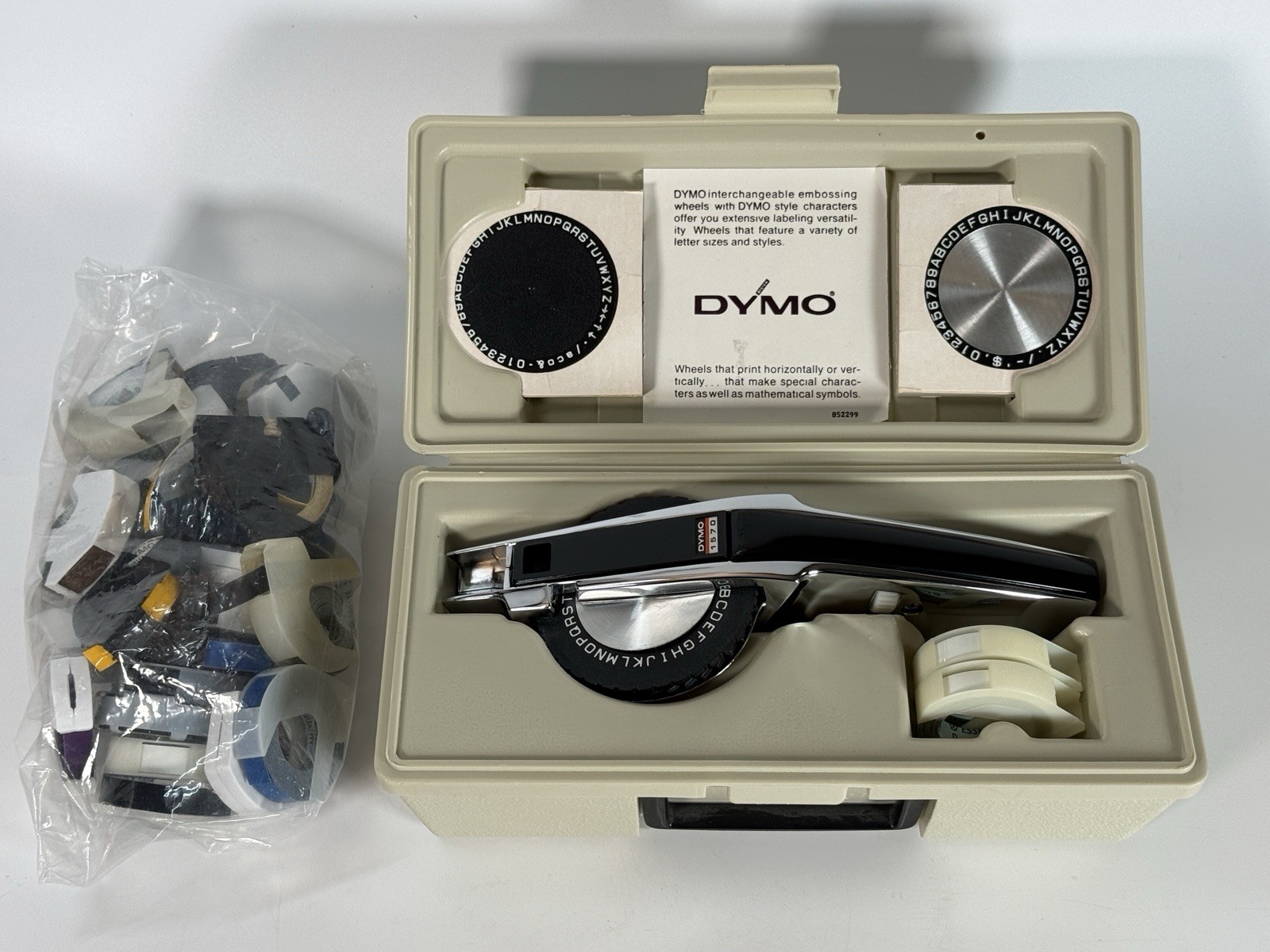 Vtg Dymo 1570 Chrome Deluxe Tapewriter Label Maker Kit Case 3 Wheels Tape Bundle