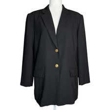 Talbots Vintage Black 100 Pure Wool Gold Button Blazer Jacket 16 Made In Japan