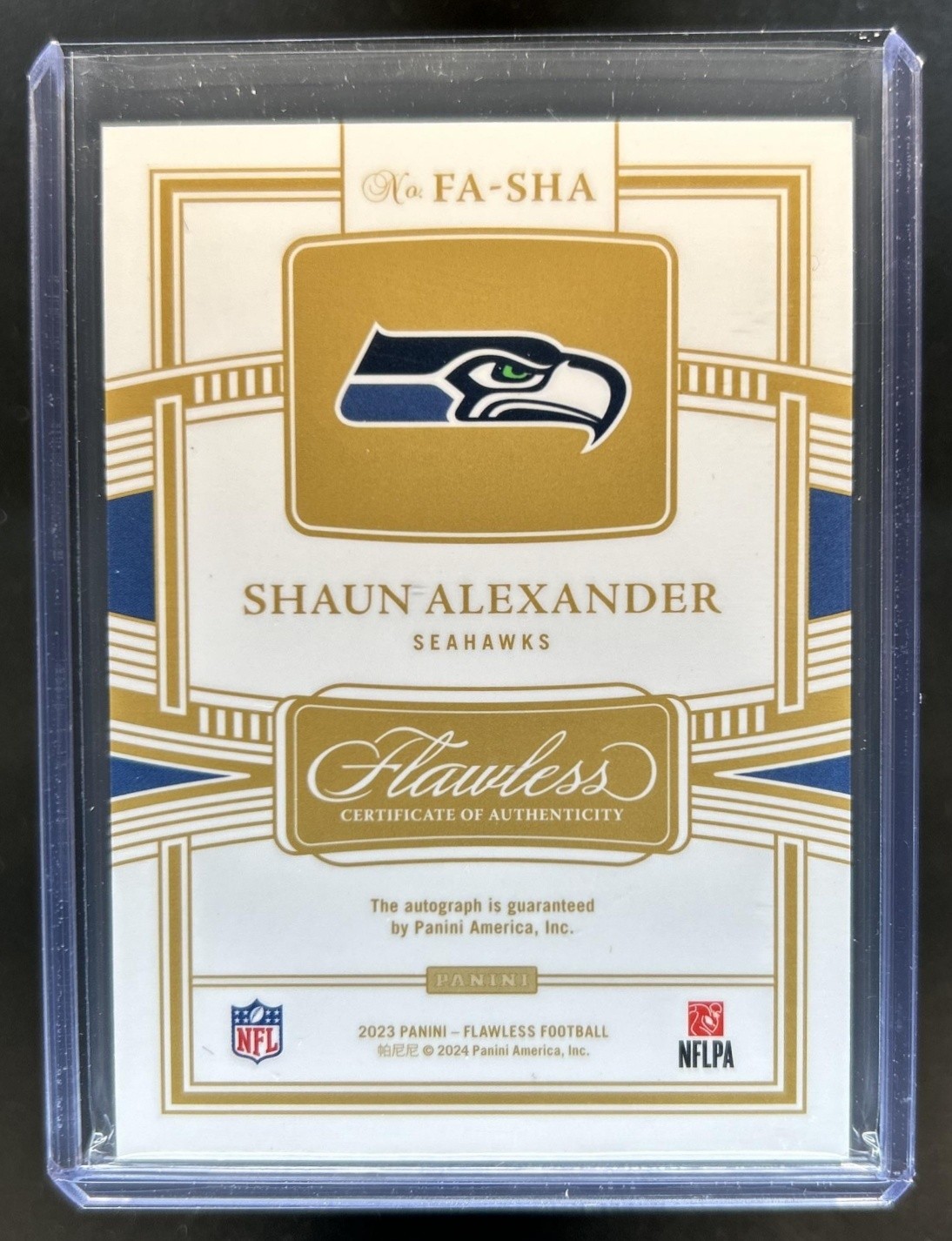 2023 Panini Flawless Shaun Alexander Achievements Auto #/25 #FA-SHA Seahawks view 2