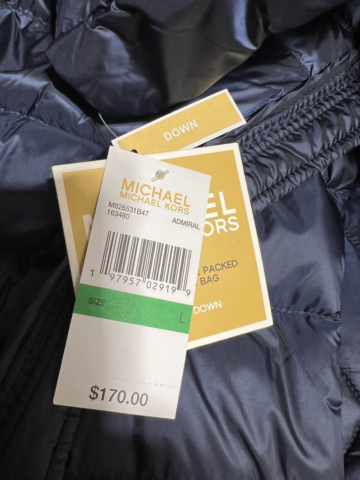 Giacca Michael Kors donna grande blu imbottibile piumino cappuccio rimovibile nuova con etichetta