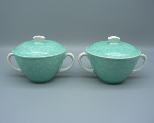 POOLE POTTERY PAIR SHAGREEN CONSOMMÉ CUPS COVERS STANDS 1930’S LIDDED SOUP BOWLS - Picture 2 of 22