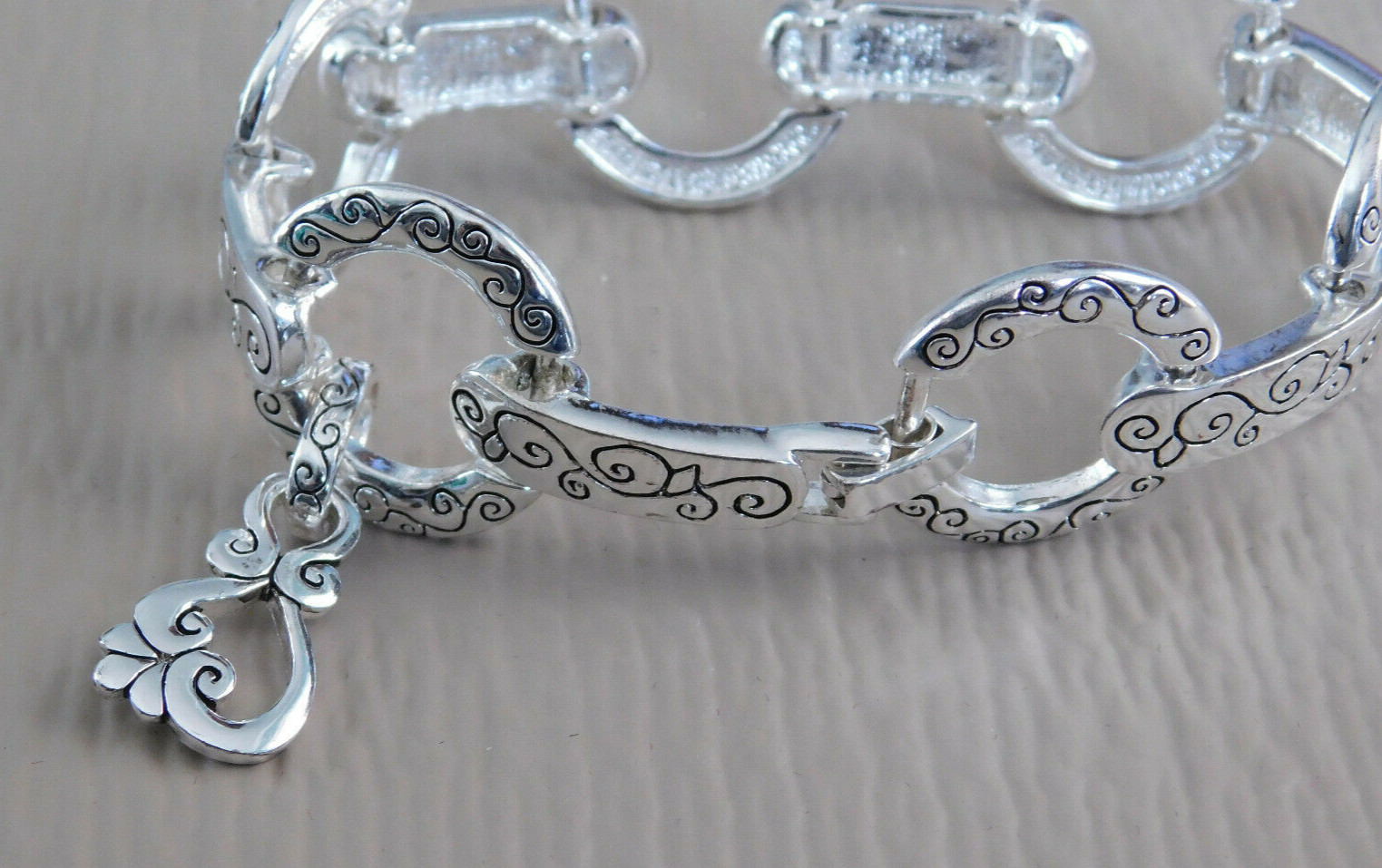 Silver-Tone Circle Link Bracelet, Scroll Work, Da… - image 2