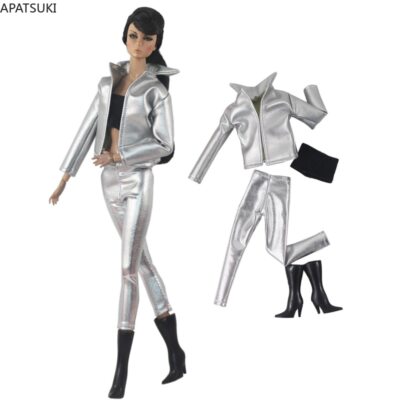 Sliver Leder Mode Kleidungsset für Barbie Puppe Outfit Jacke Hose Top Stiefel