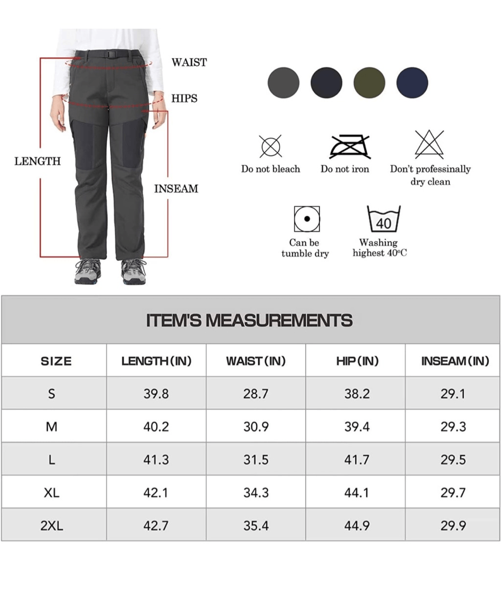 NEW Hiking Pants Fleece Lined Waterproof Snow Ski Pants Cold Weather