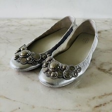 COACH Venus Metallic Silver Soft Leather Embellished Ballerina Flats - US 7