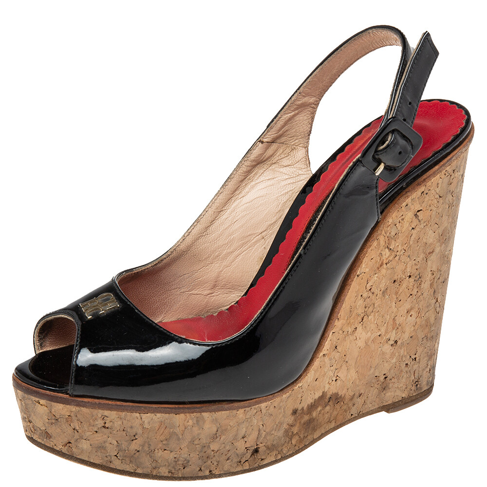 CH Carolina Herrera Black Patent Leather Cork Platform Wedge 