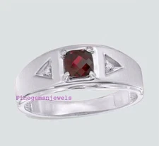 Natural Garnet & CZ Gemstones with 925 Sterling Silver Ring For Men's #F451