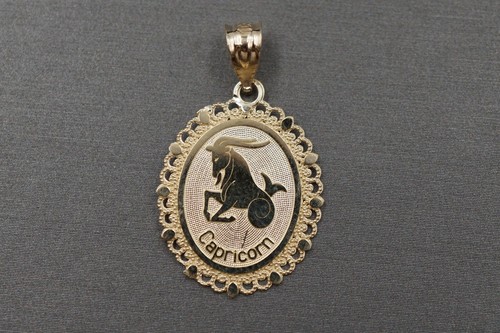 10K Solid Yellow Gold 1.1" Oval Shape Zodiac Sign Diamond Cut Charm Pendant.