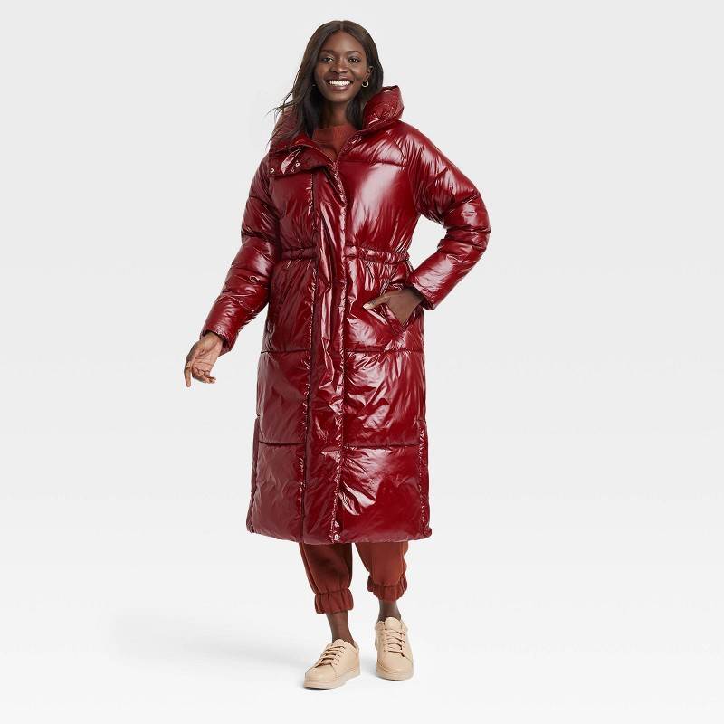 Berry Red Long Puffer Coat Size 