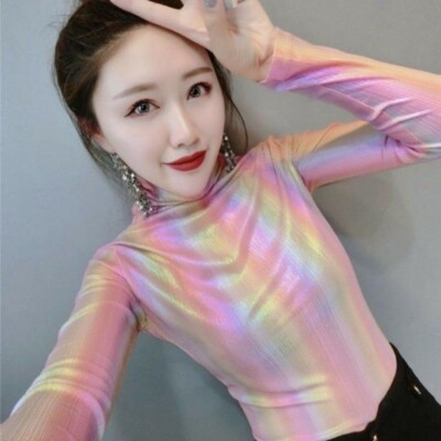 Lady Shiny Pullover Top High Neck Shirt Top Undershirt Slim Fit Summer Colorful