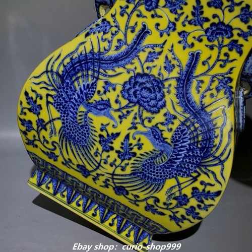 10,8"Dynastia Qing Żółta glazura Niebieska biała porcelana Feniks Słoń Butelka Wazon - Zdjęcie 6 z 9