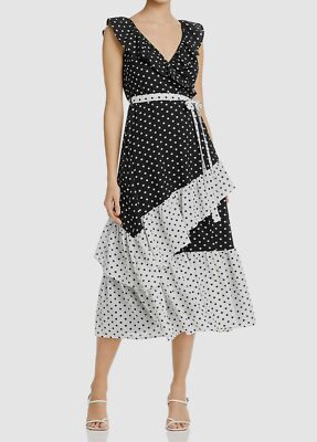 $224 Aqua Women's Black White Polka-Dot Ruffle Belted A-Line Midi Dress  Size M | eBay